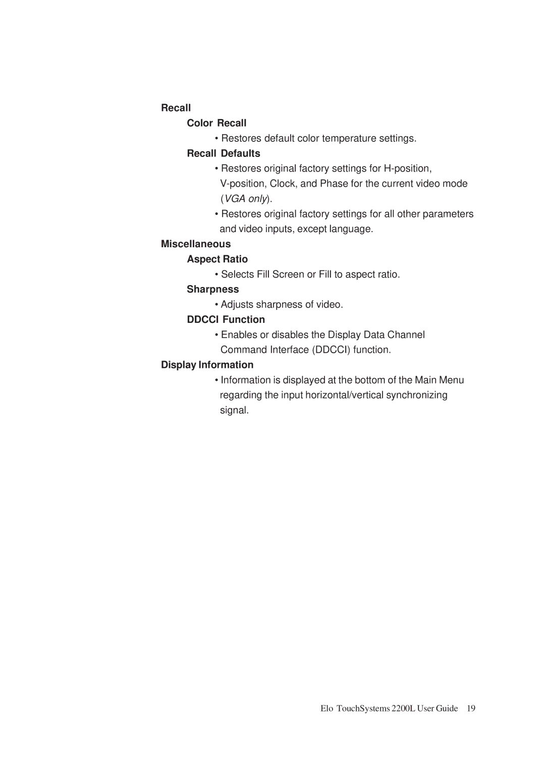 Tyco Electronics ET2200L manual Recall Color Recall, Recall Defaults, Miscellaneous Aspect Ratio, Sharpness, Ddcci Function 