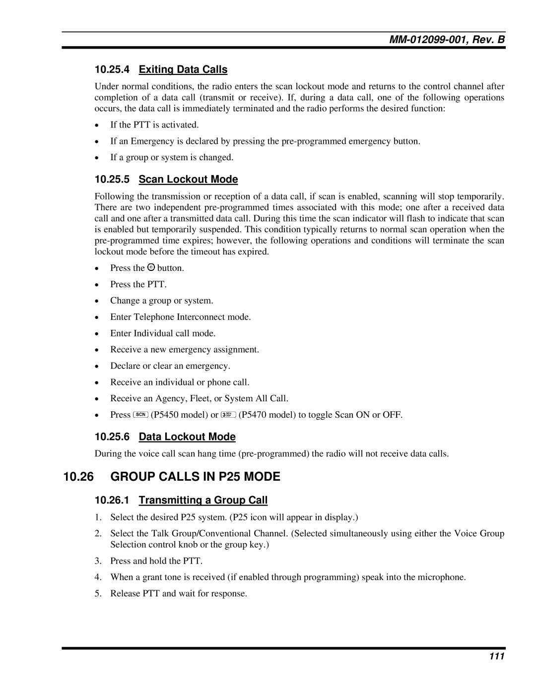 Tyco Electronics P5400 manual Group Calls in P25 Mode, Exiting Data Calls, Transmitting a Group Call 