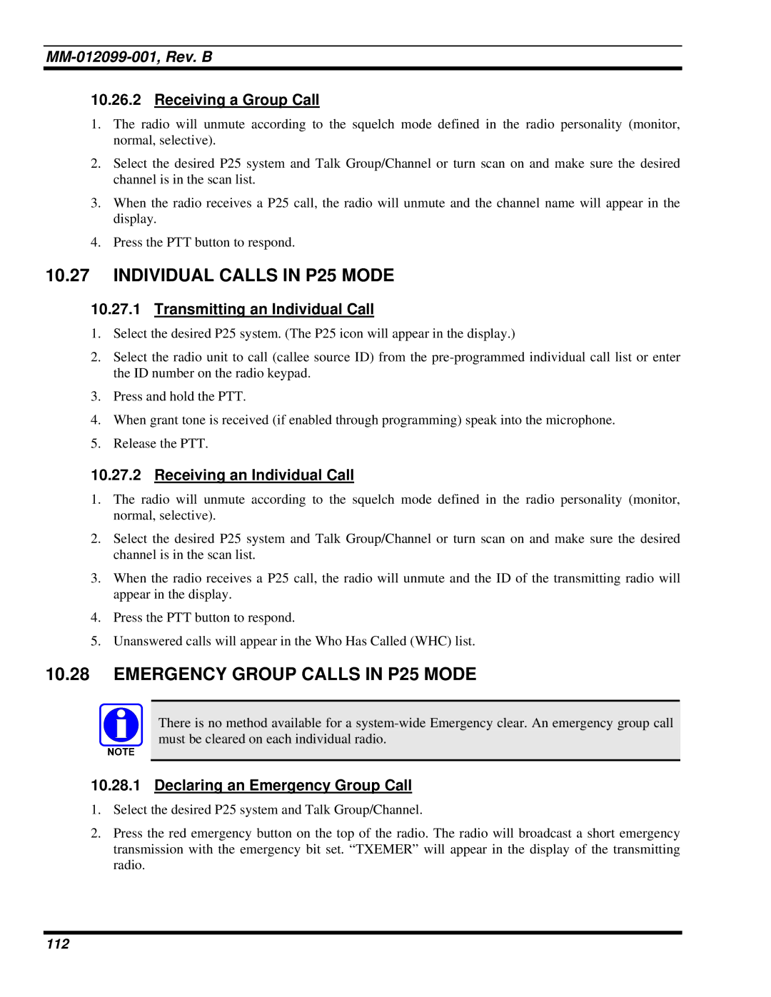 Tyco Electronics P5400 manual Individual Calls in P25 Mode, Emergency Group Calls in P25 Mode 