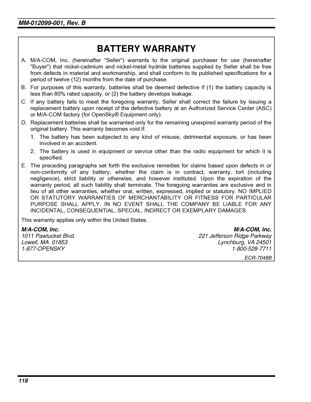 Tyco Electronics P5400 manual Battery Warranty 