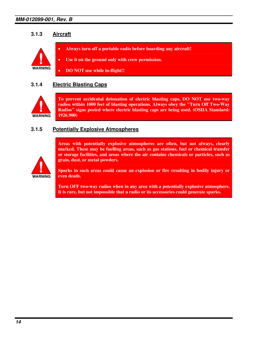 Tyco Electronics P5400 manual Aircraft, Electric Blasting Caps, Potentially Explosive Atmospheres 