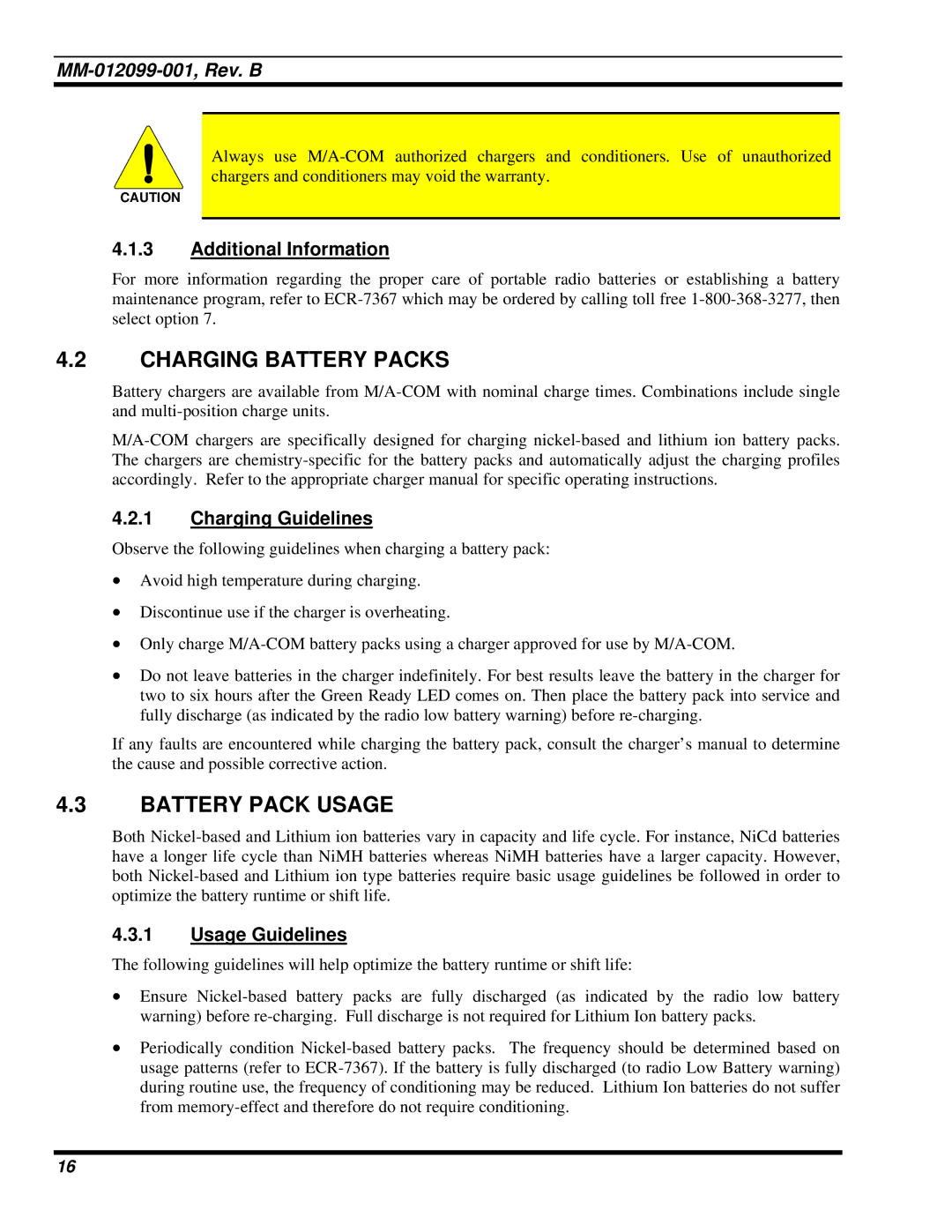 Tyco Electronics P5400 manual Charging Battery Packs, Battery Pack Usage, Additional Information, Charging Guidelines 