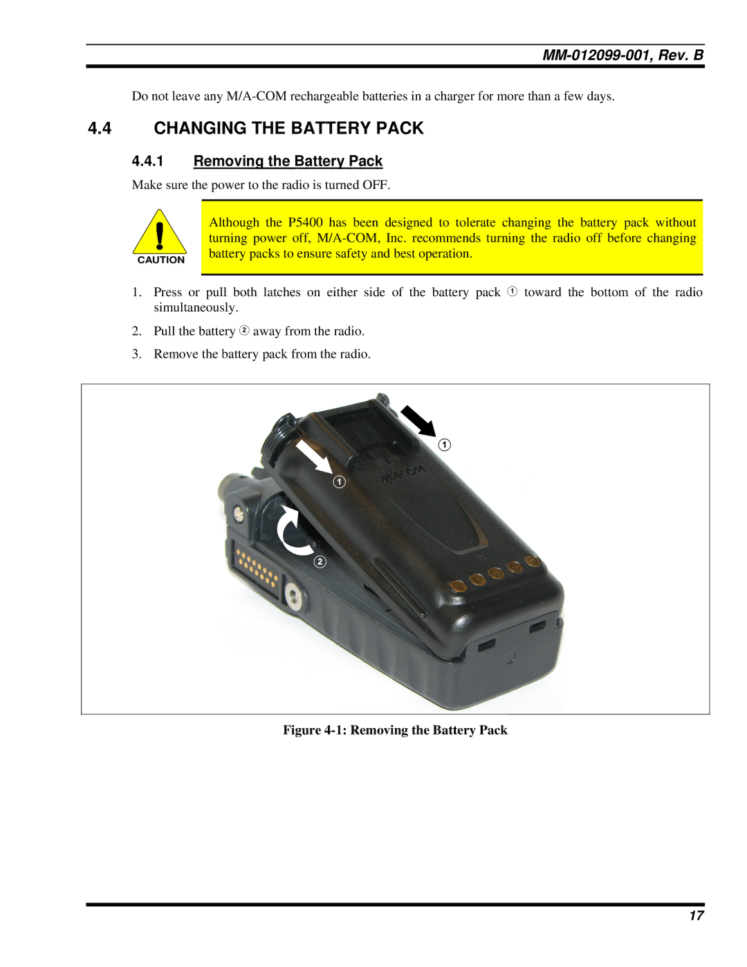 Tyco Electronics P5400 manual Changing the Battery Pack, Removing the Battery Pack 