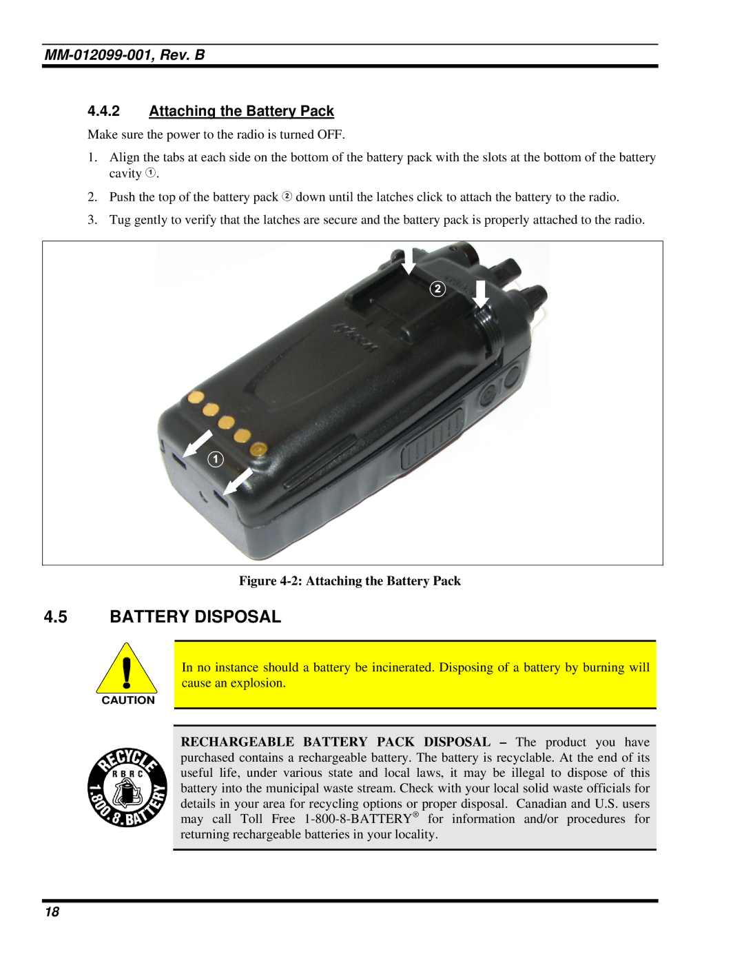 Tyco Electronics P5400 manual Battery Disposal, Attaching the Battery Pack 