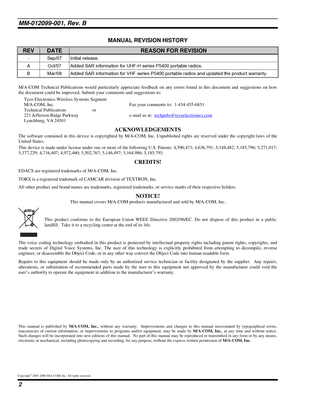 Tyco Electronics P5400 manual MM-012099-001, Rev. B 