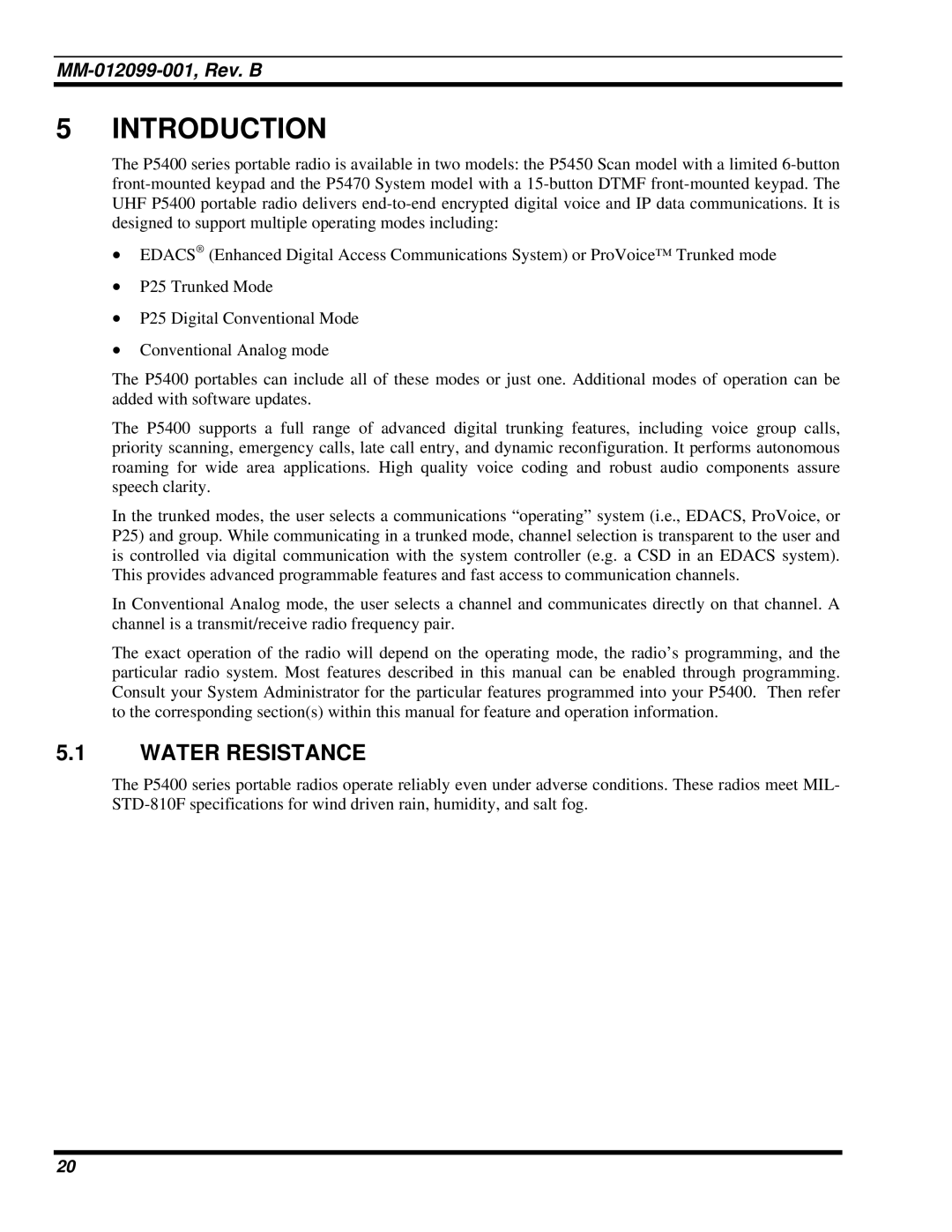 Tyco Electronics P5400 manual Introduction, Water Resistance 