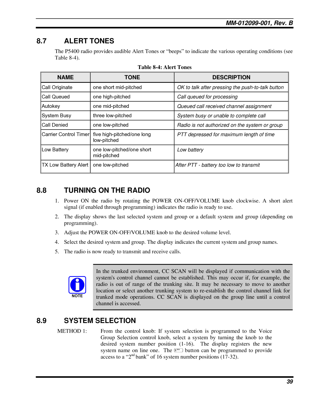 Tyco Electronics P5400 manual Alert Tones, Turning on the Radio, System Selection 