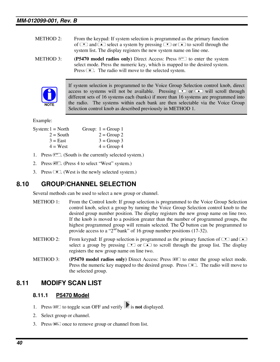 Tyco Electronics P5400 manual GROUP/CHANNEL Selection, Modify Scan List, 11.1 P5470 Model 