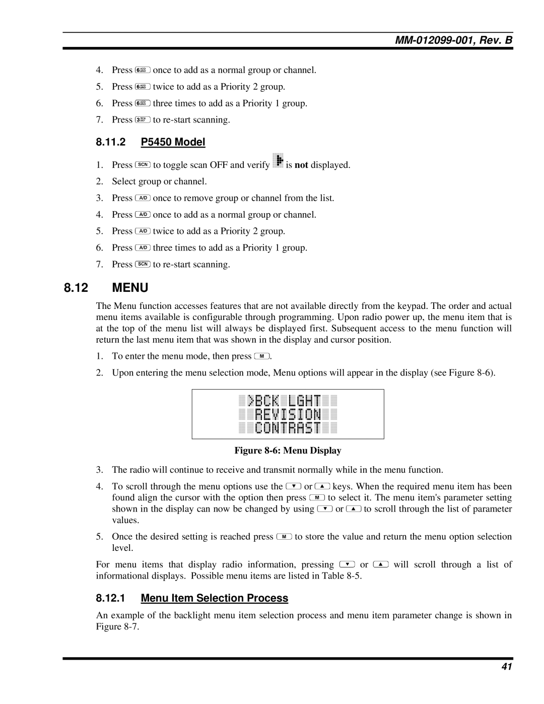 Tyco Electronics P5400 manual 11.2 P5450 Model, Menu Item Selection Process 