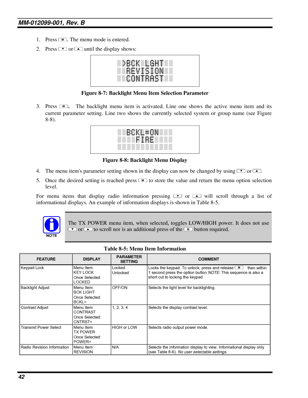 Tyco Electronics P5400 manual Backlight Menu Item Selection Parameter, Menu Item Information 