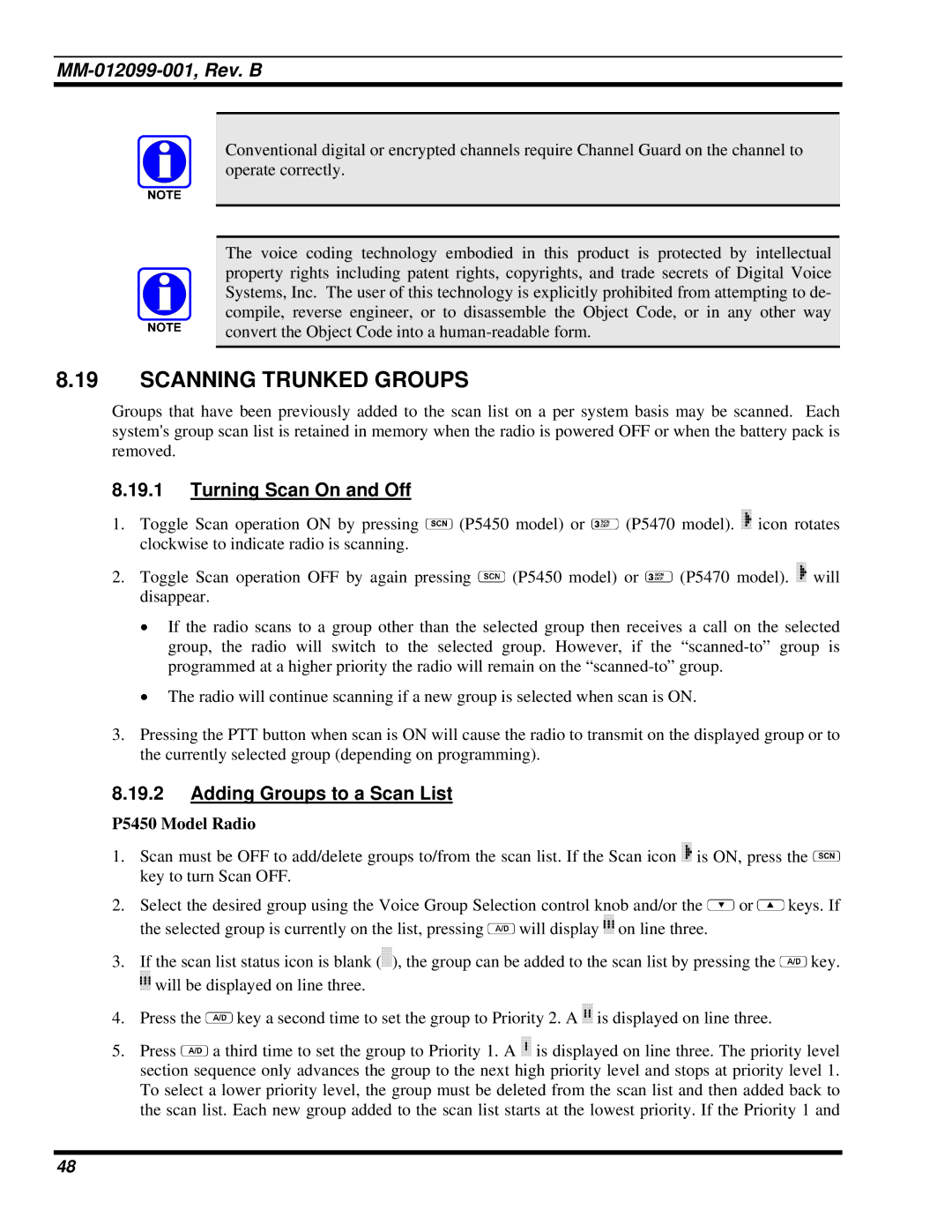 Tyco Electronics P5400 Scanning Trunked Groups, Turning Scan On and Off, Adding Groups to a Scan List, P5450 Model Radio 