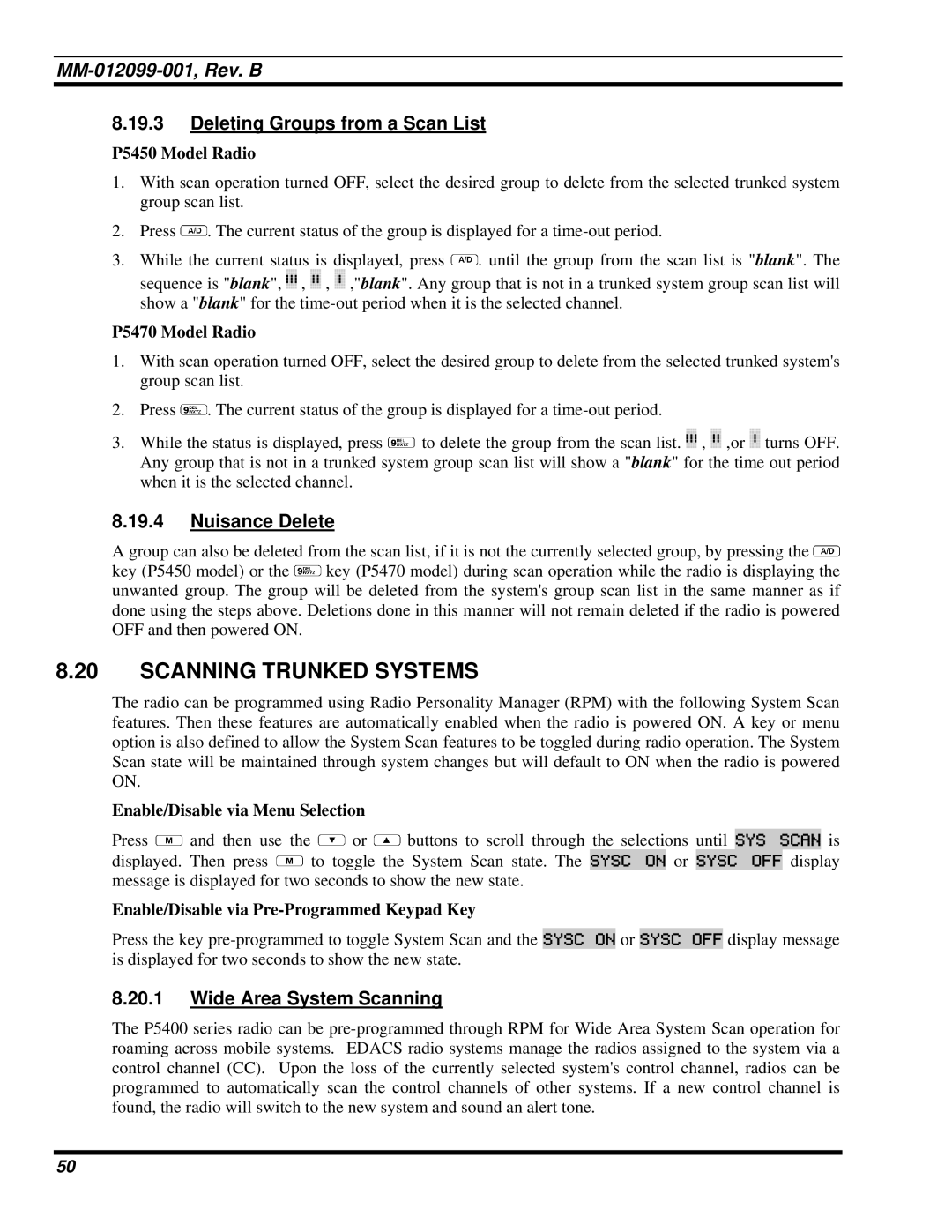 Tyco Electronics P5400 manual Scanning Trunked Systems, Deleting Groups from a Scan List, Nuisance Delete 