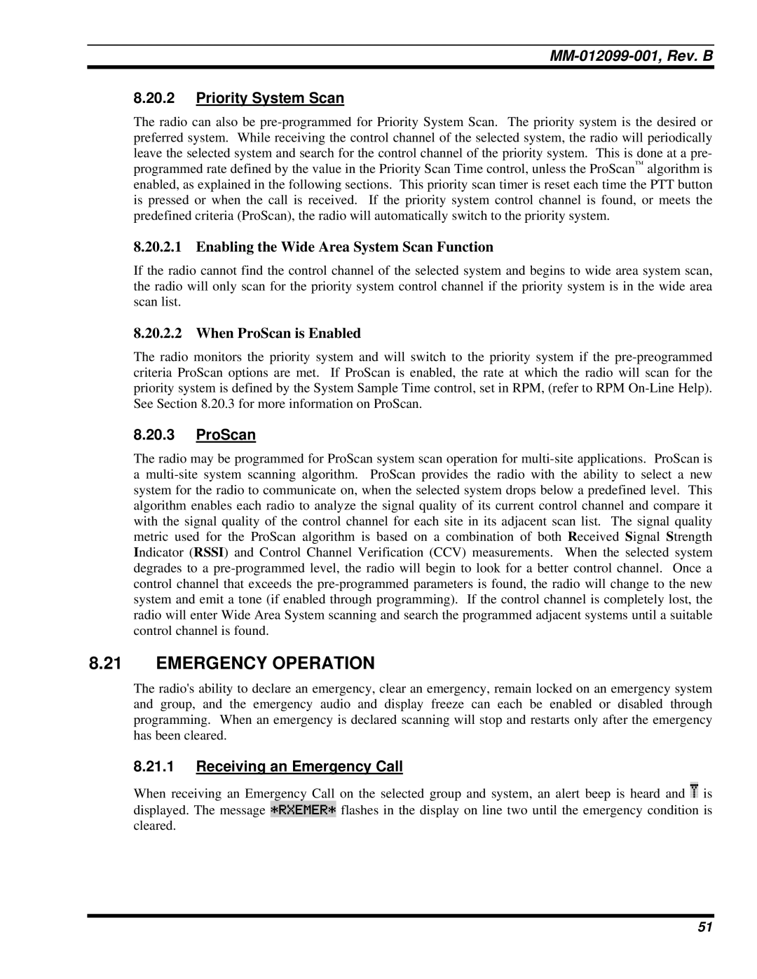 Tyco Electronics P5400 manual Emergency Operation, Priority System Scan, ProScan, Receiving an Emergency Call 