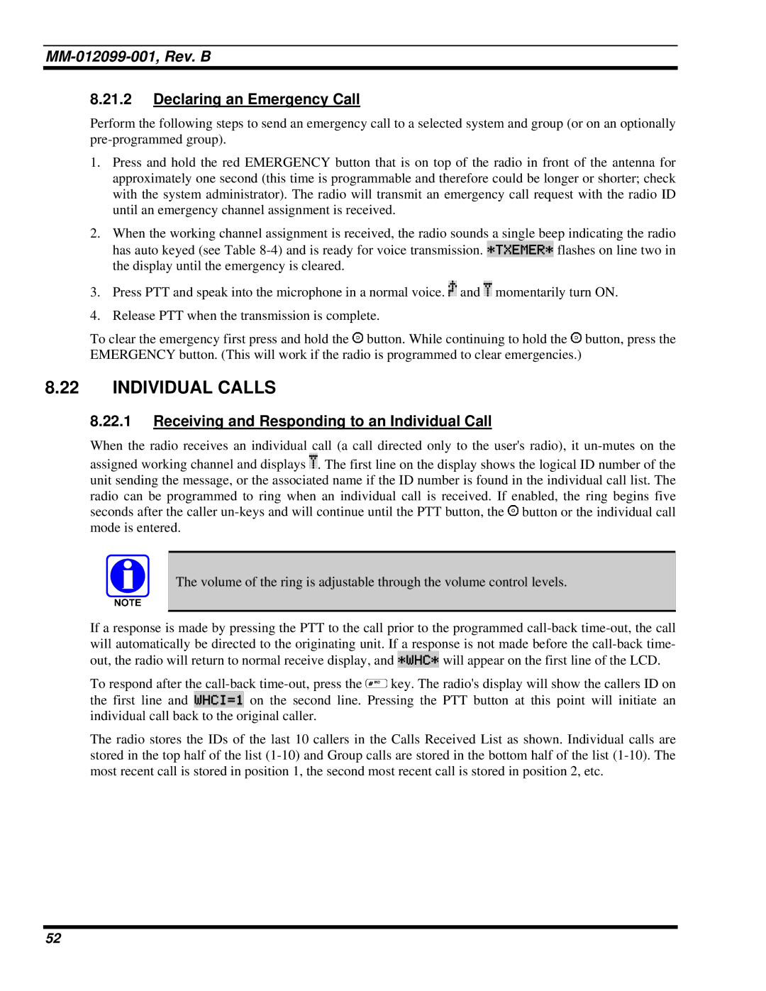 Tyco Electronics P5400 manual Individual Calls, Declaring an Emergency Call, Receiving and Responding to an Individual Call 