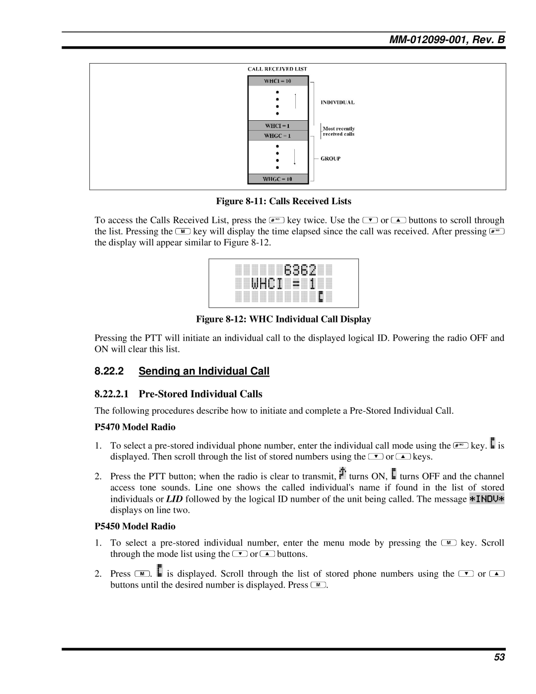 Tyco Electronics P5400 manual Sending an Individual Call, Calls Received Lists 