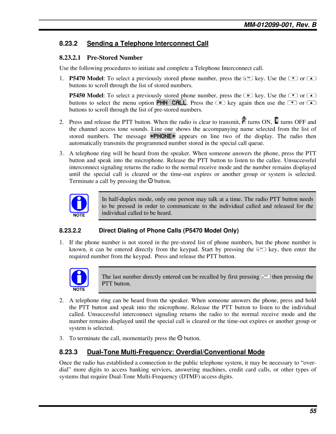 Tyco Electronics P5400 manual Sending a Telephone Interconnect Call, Dual-Tone Multi-Frequency Overdial/Conventional Mode 