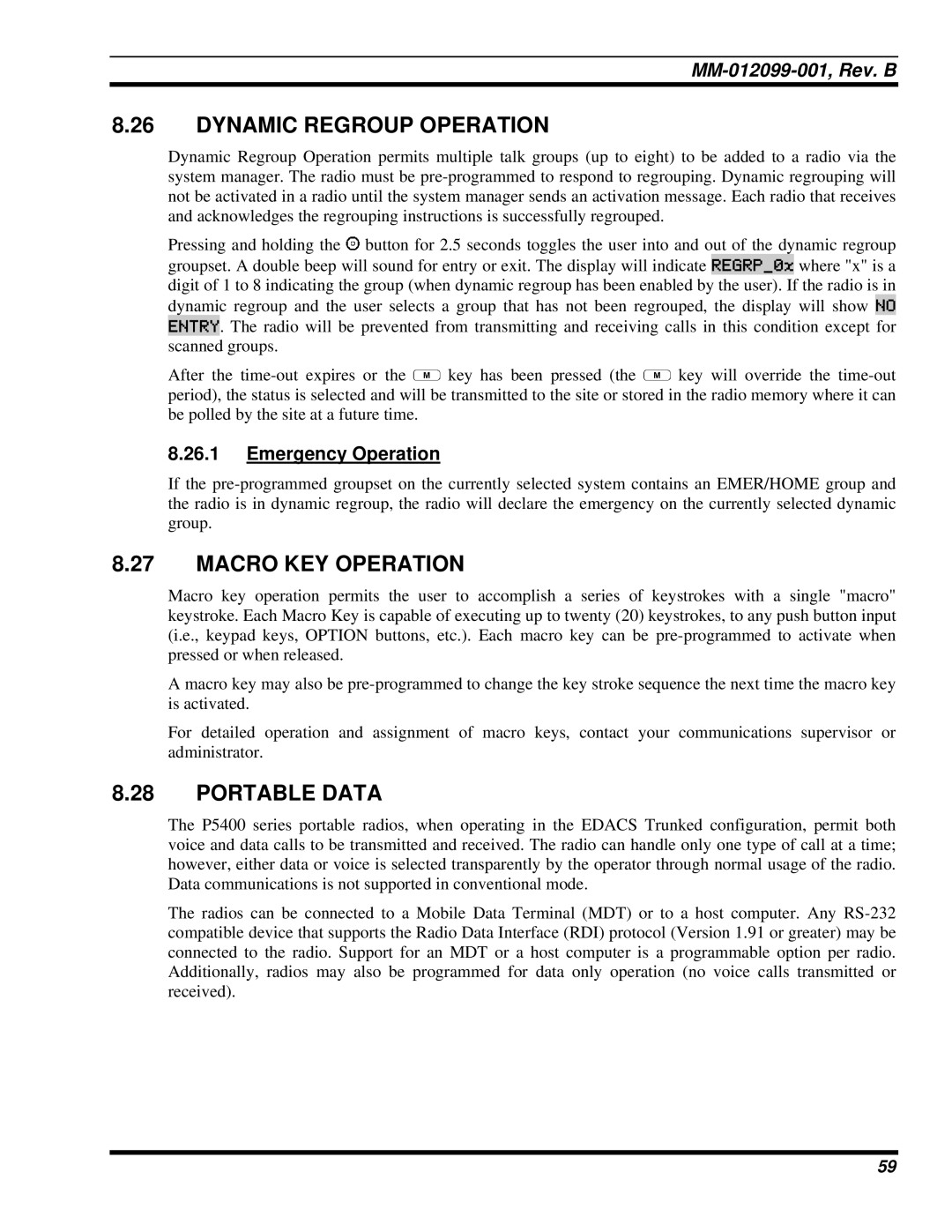 Tyco Electronics P5400 manual Dynamic Regroup Operation, Macro KEY Operation, Portable Data, Emergency Operation 