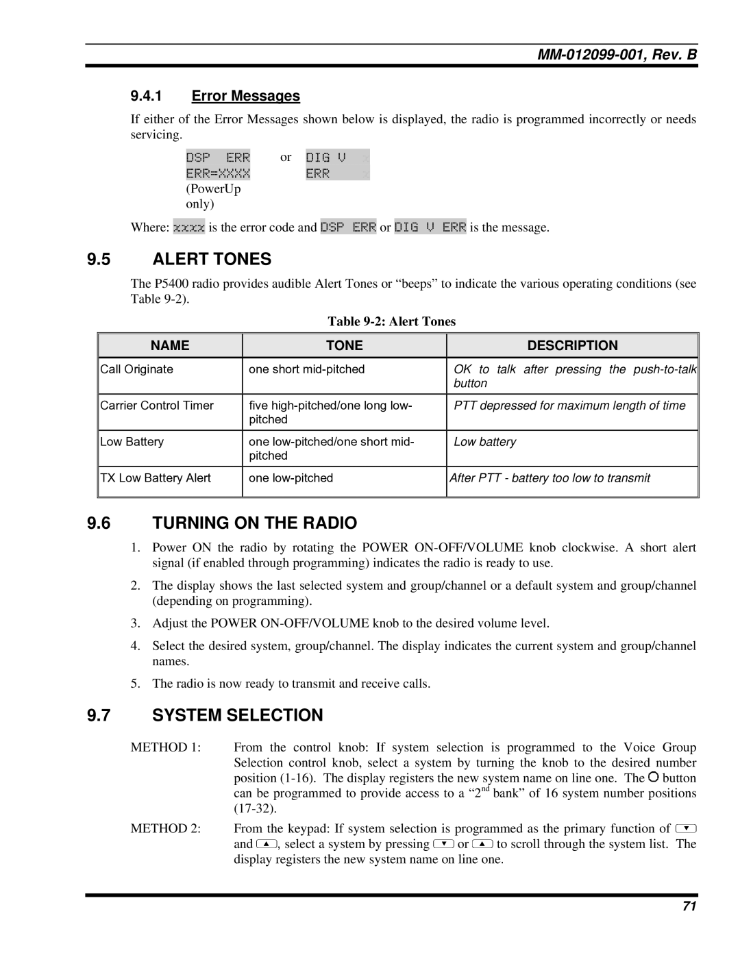 Tyco Electronics P5400 manual Error Messages, Name Tone Description 