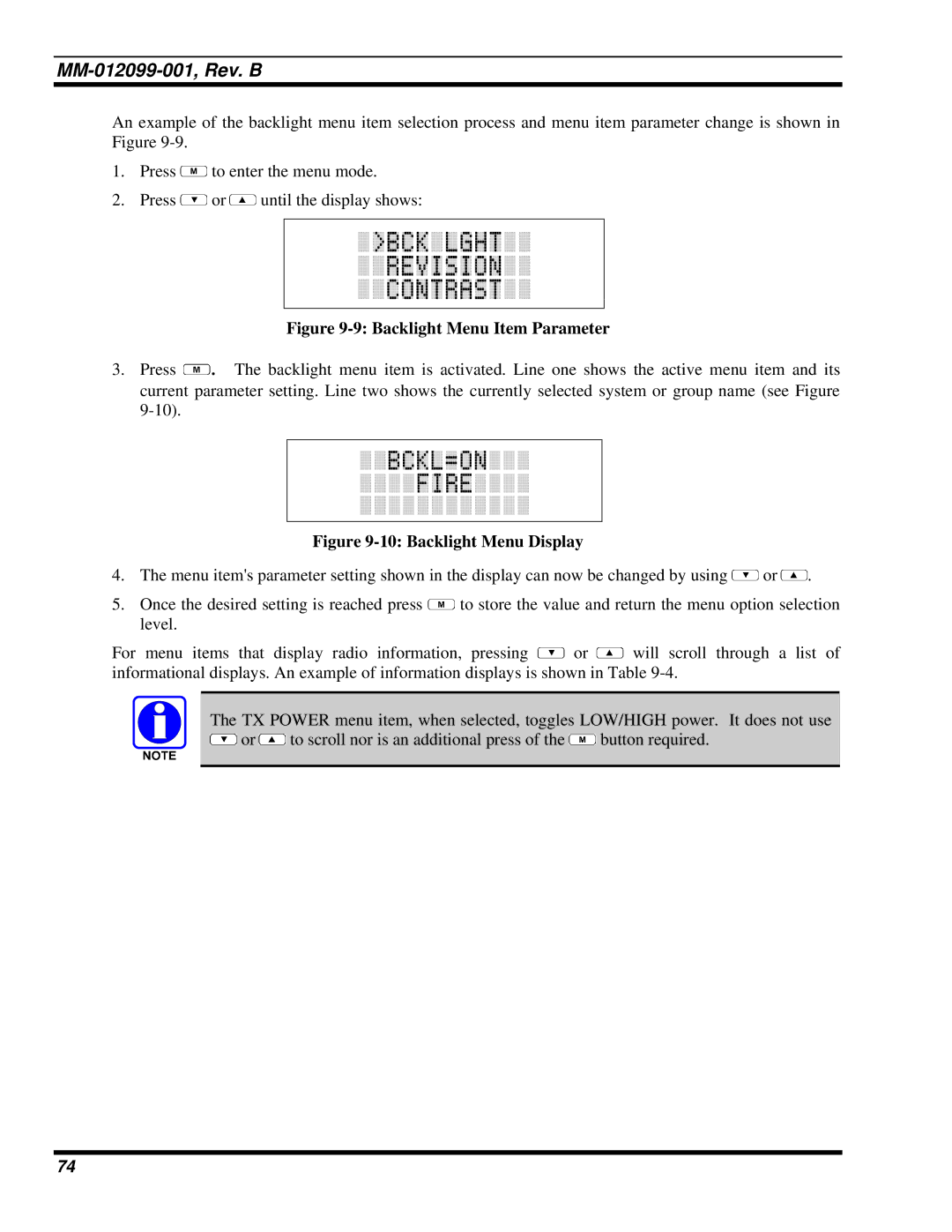 Tyco Electronics P5400 manual Backlight Menu Item Parameter 