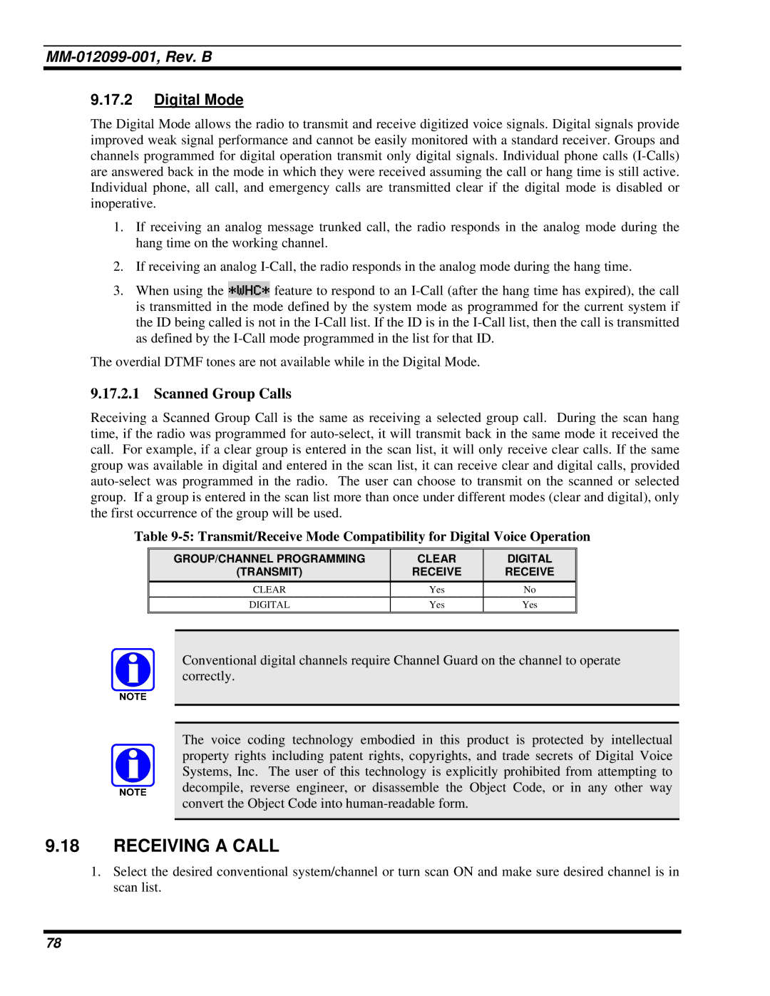 Tyco Electronics P5400 manual Receiving a Call, Digital Mode 