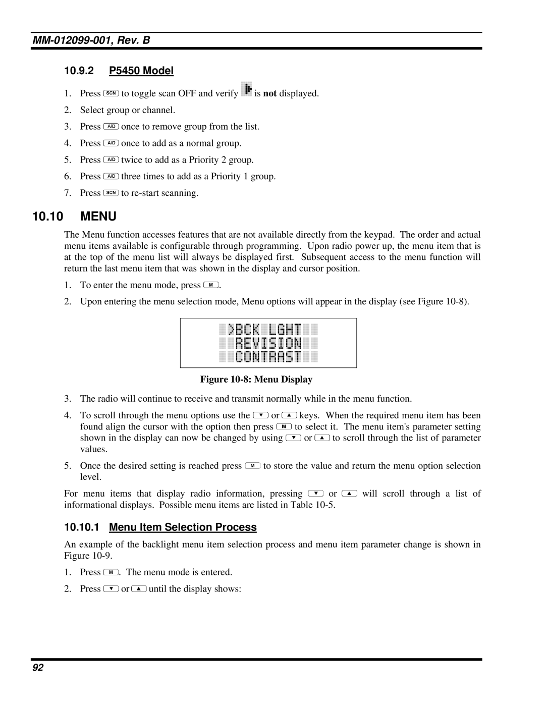 Tyco Electronics P5400 manual 10.9.2 P5450 Model, Menu Display 