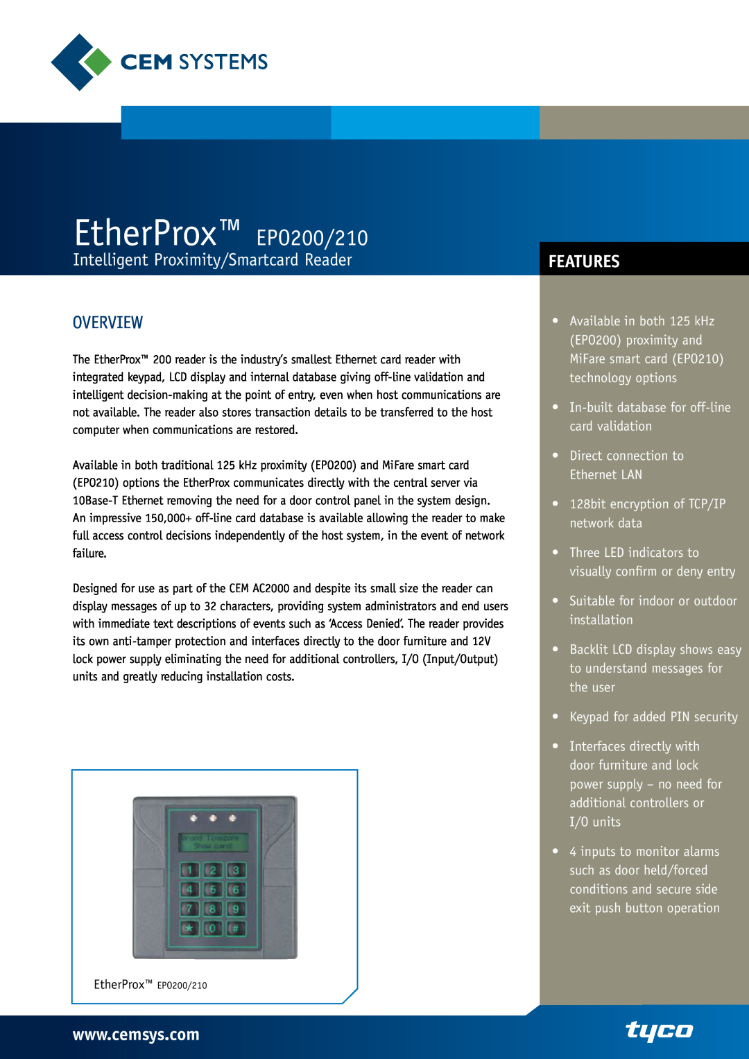 Tyco EPO210 manual EtherProx EPO200/210, Intelligent Proximity/Smartcard Reader, Overview, Features 