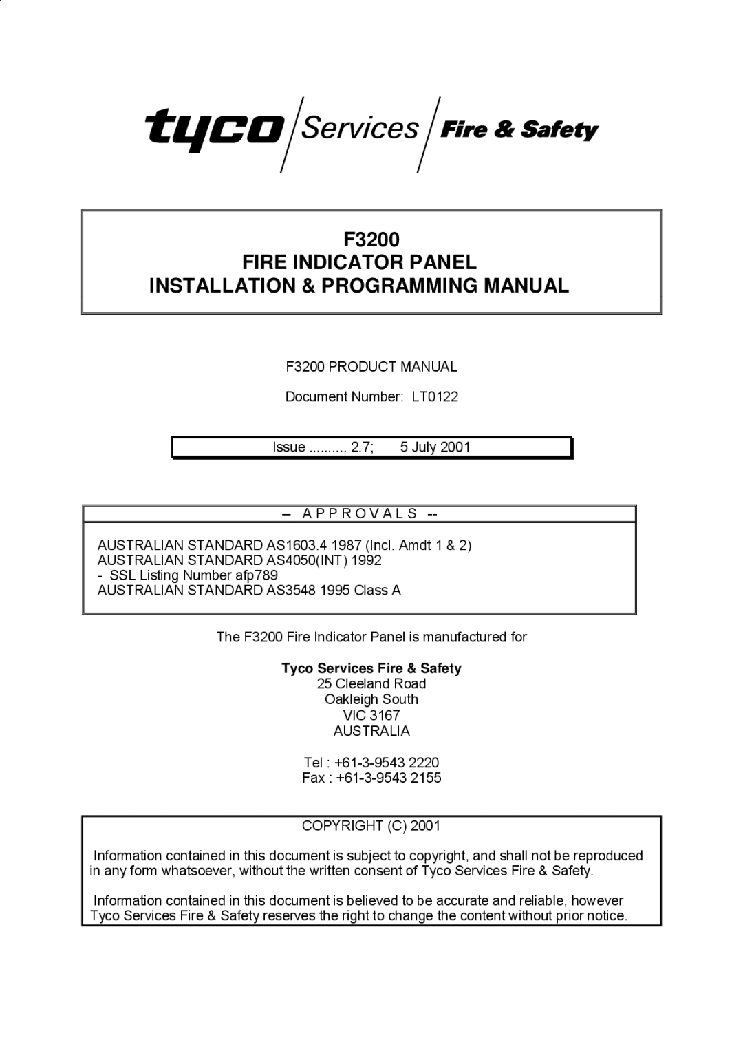 Tyco manual Fire Indicator Panel Installation & Programming Manual, F3200 Product Manual, Tyco Services Fire & Safety 