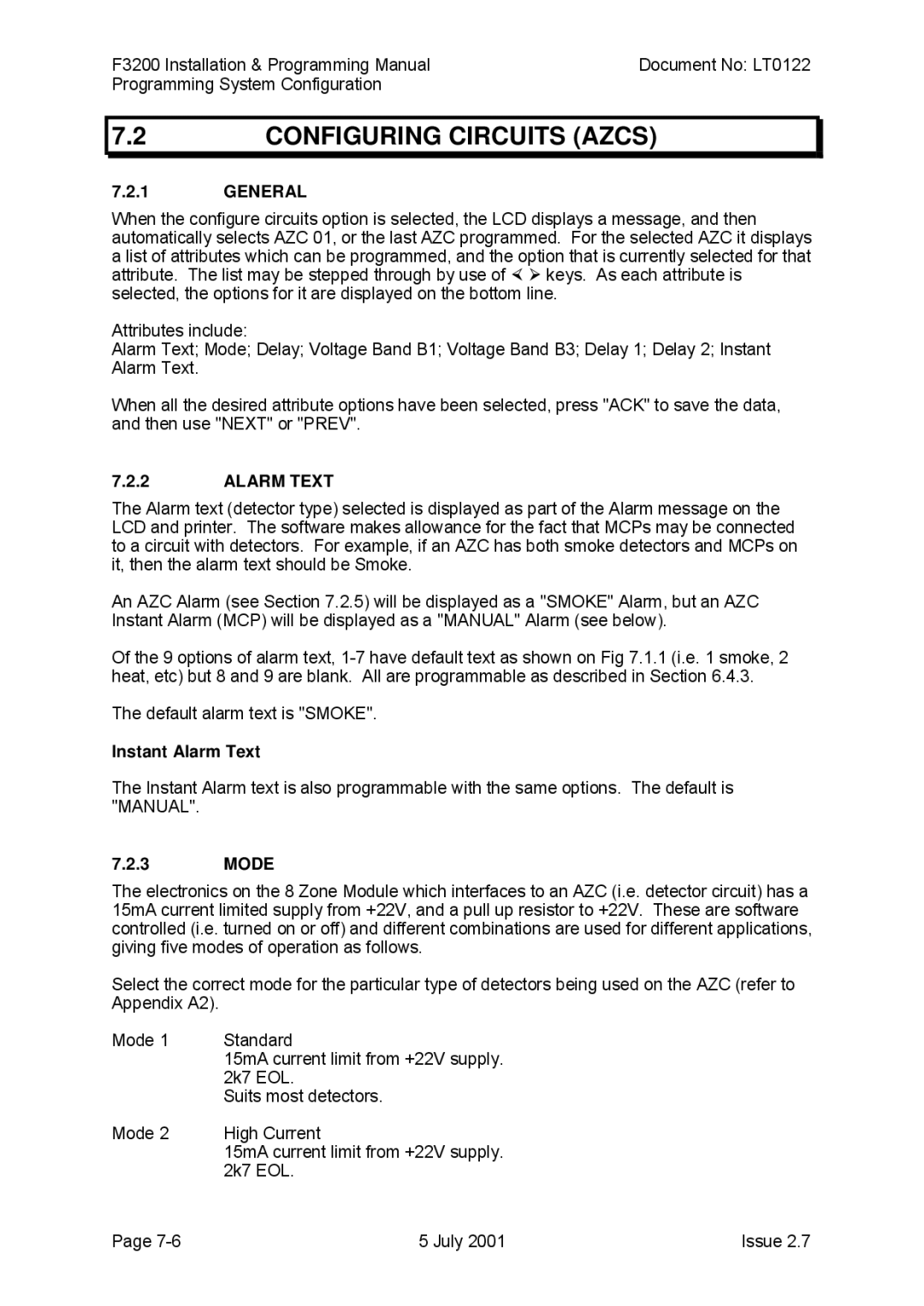 Tyco F3200 manual Configuring Circuits Azcs, Instant Alarm Text, Mode 