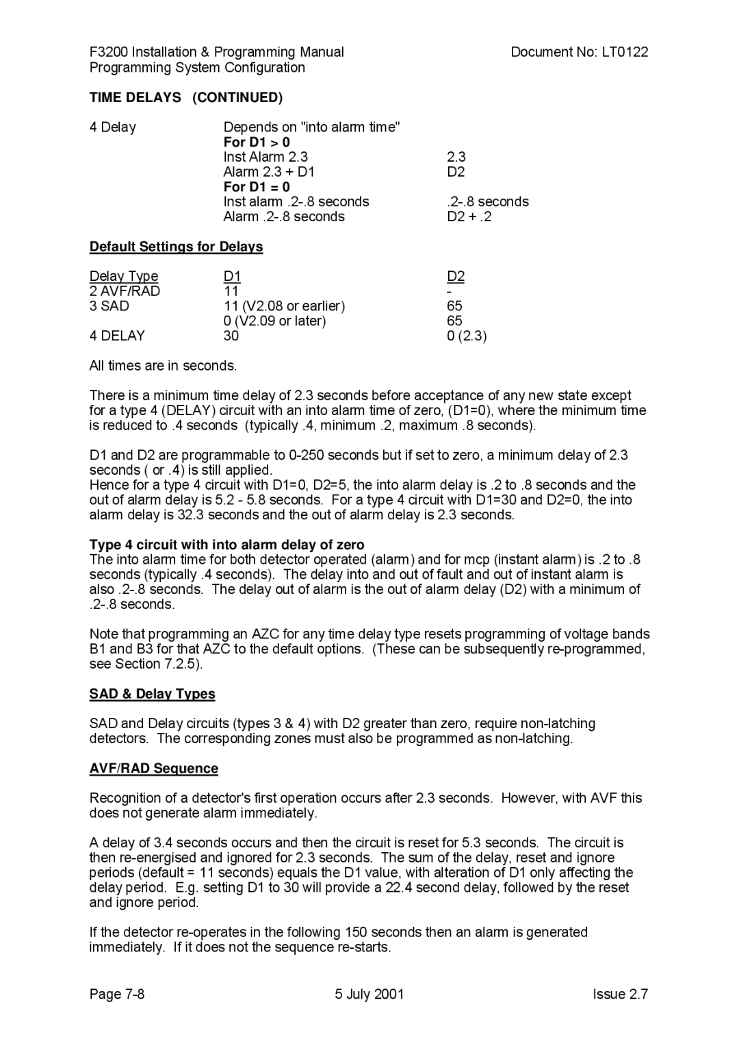 Tyco F3200 For D1 =, Default Settings for Delays, Type 4 circuit with into alarm delay of zero, SAD & Delay Types 