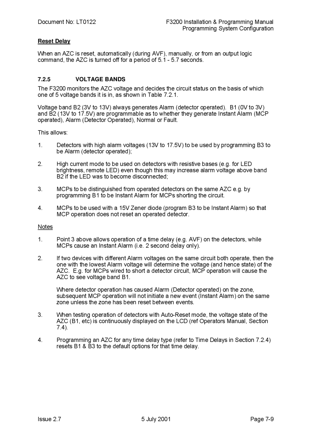 Tyco F3200 manual Reset Delay, Voltage Bands 