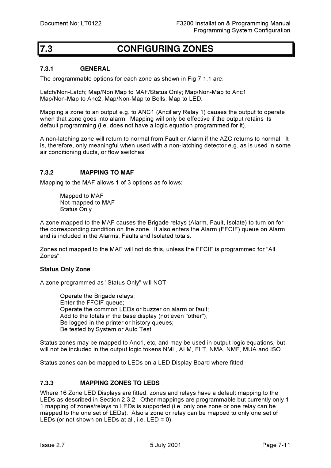 Tyco F3200 manual Configuring Zones, Mapping to MAF, Status Only Zone, Mapping Zones to Leds 