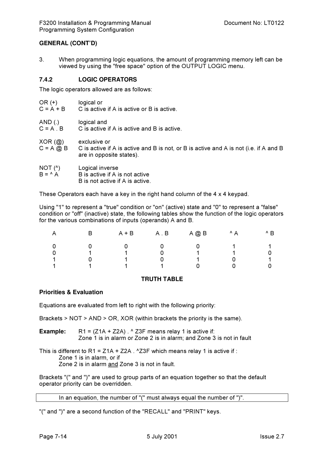 Tyco F3200 manual General CONT’D, Logic Operators, Truth Table, Priorities & Evaluation 