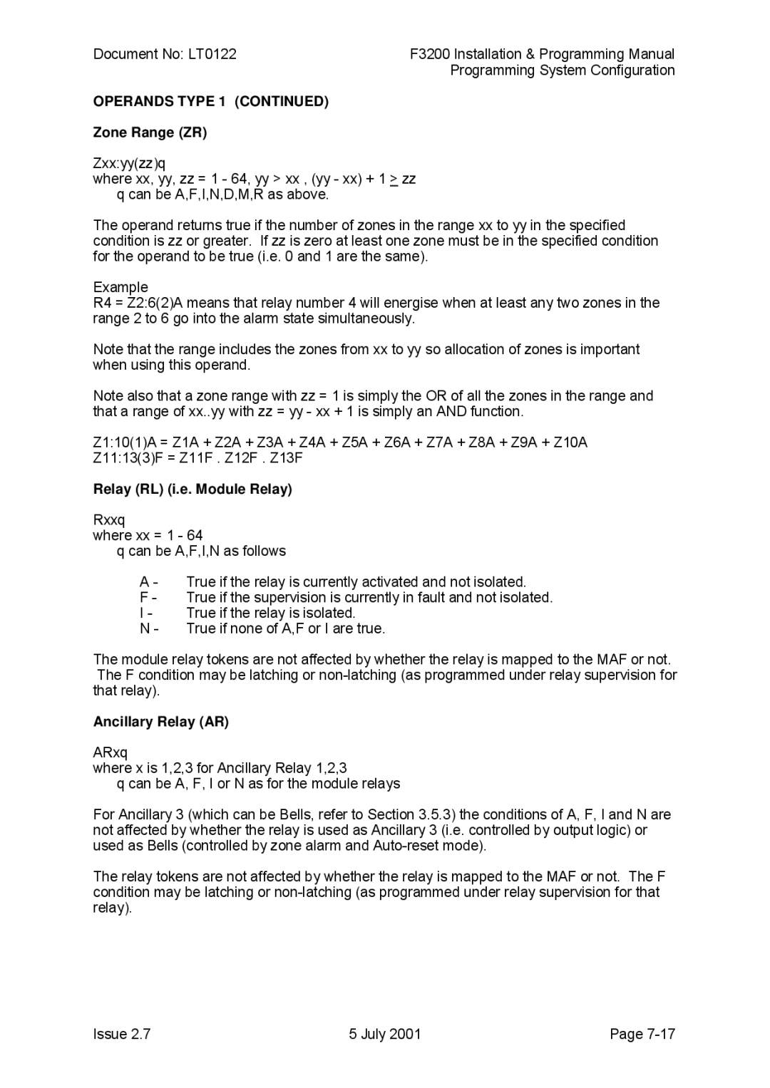 Tyco F3200 manual Zone Range ZR, Relay RL i.e. Module Relay, Ancillary Relay AR 