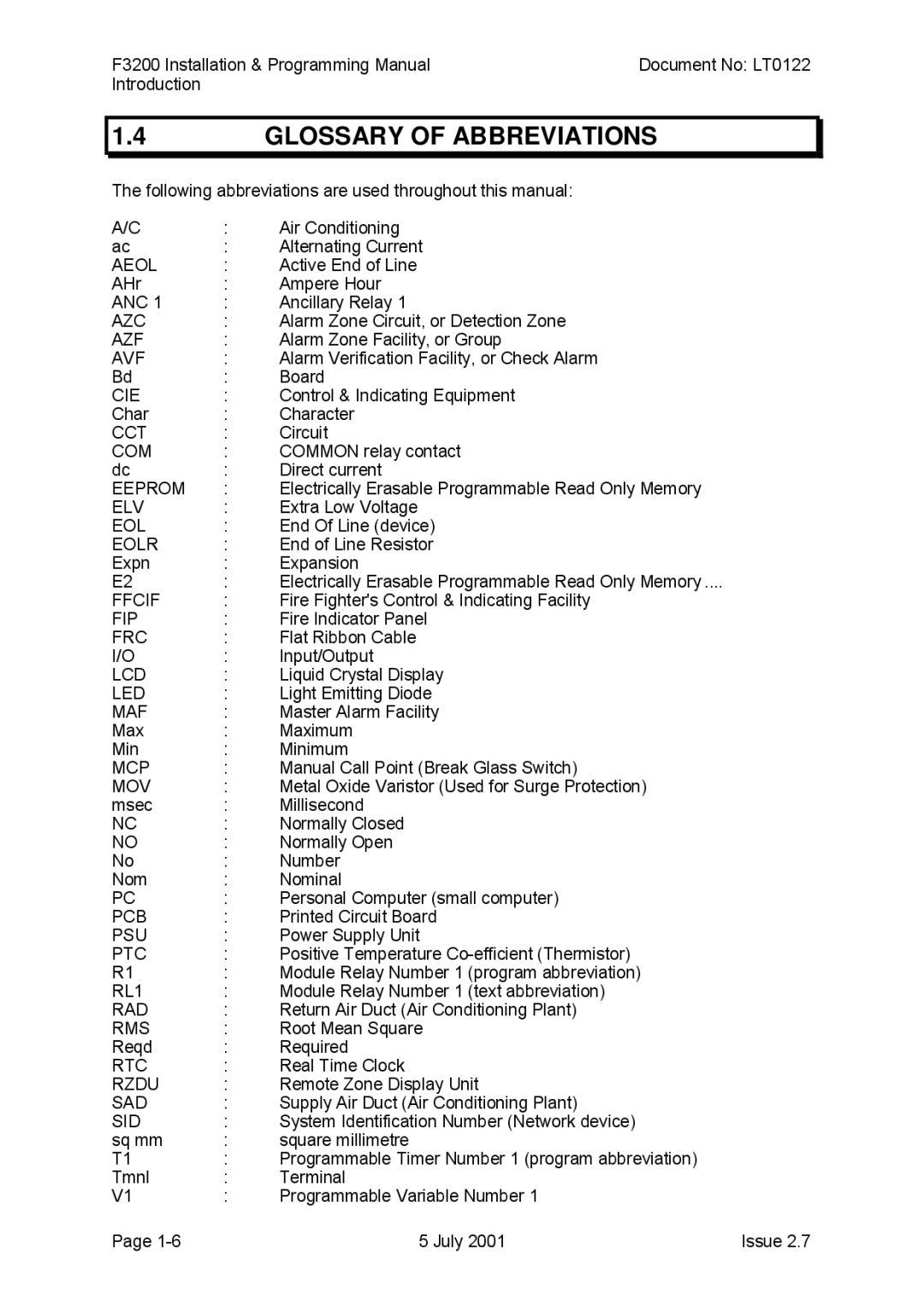 Tyco F3200 manual Glossary of Abbreviations 