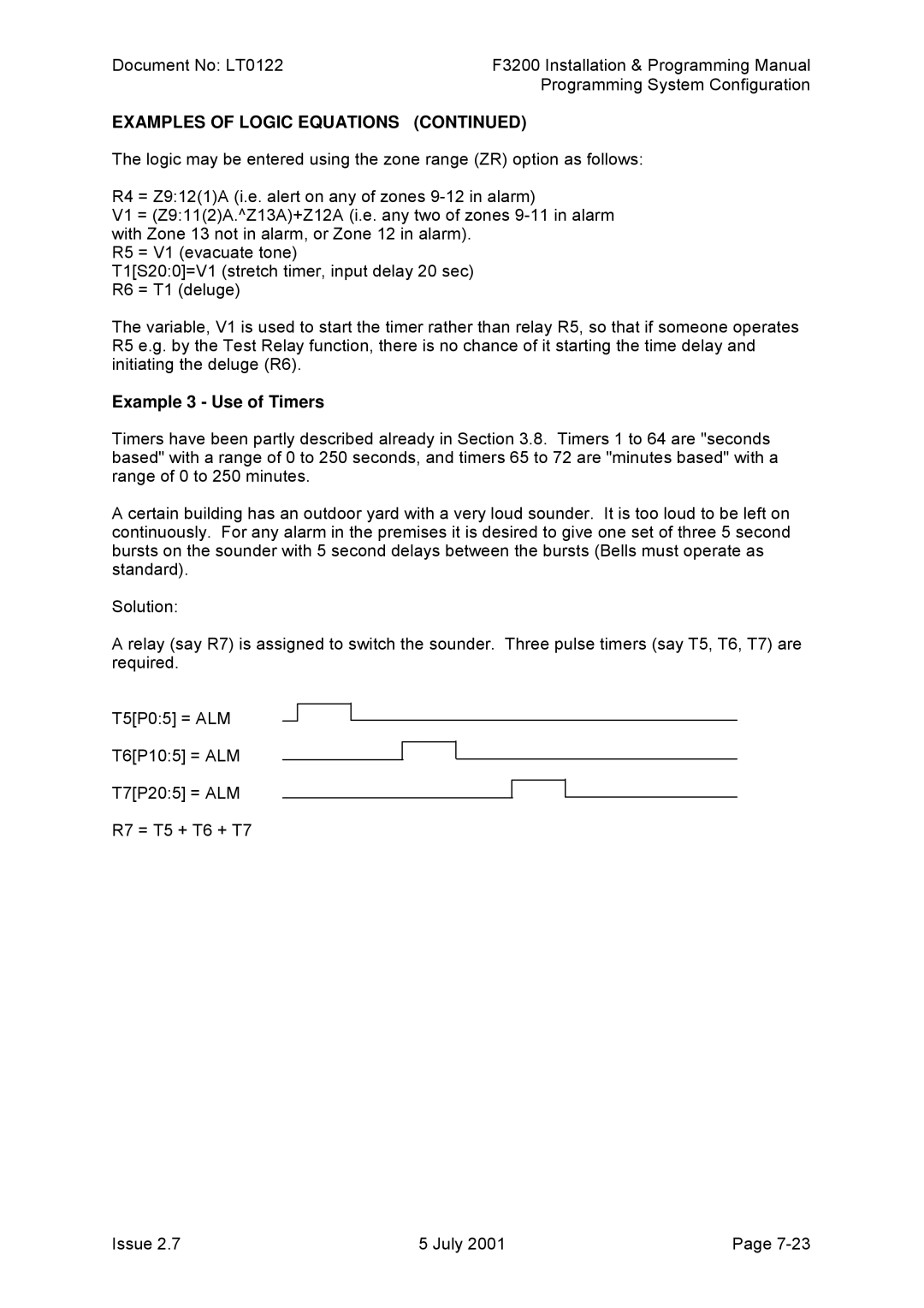 Tyco F3200 manual Examples of Logic Equations, Example 3 Use of Timers 