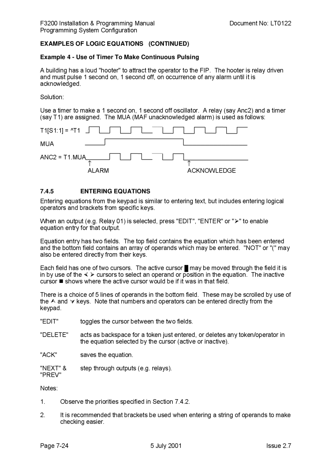 Tyco F3200 manual Example 4 Use of Timer To Make Continuous Pulsing, Entering Equations 