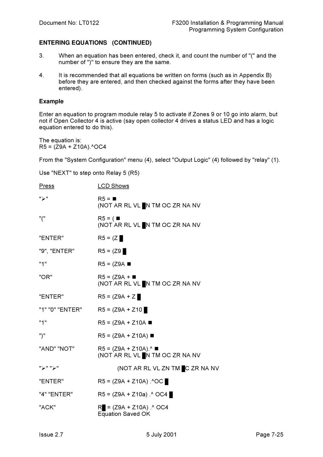 Tyco F3200 manual Example, Not AR RL VL N TM OC ZR NA NV, Enter, Not AR RL VL ZN TM C ZR NA NV 