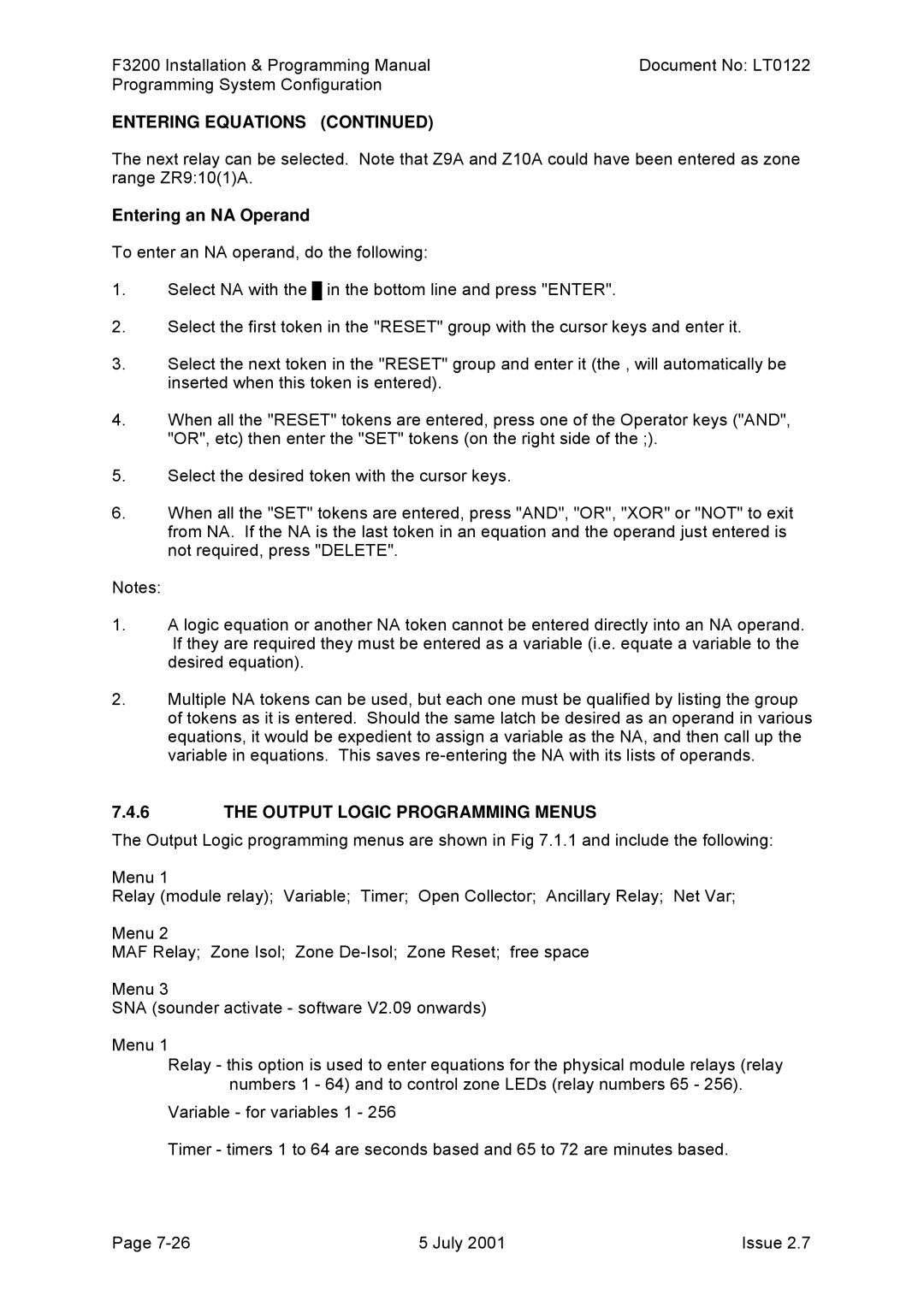 Tyco F3200 manual Entering an NA Operand, Output Logic Programming Menus 