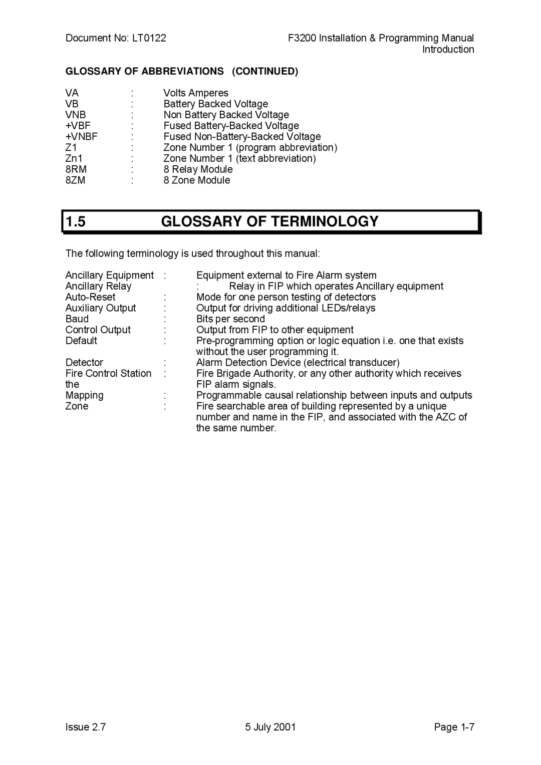 Tyco F3200 manual Glossary of Terminology, Glossary of Abbreviations 