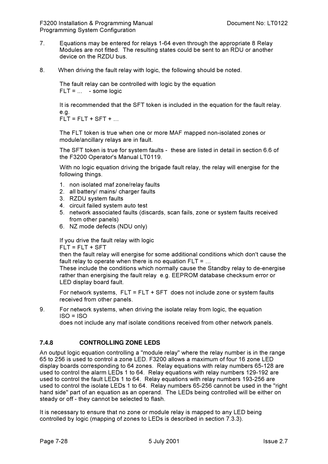 Tyco F3200 manual Flt = Flt + Sft, Iso = Iso, Controlling Zone Leds 