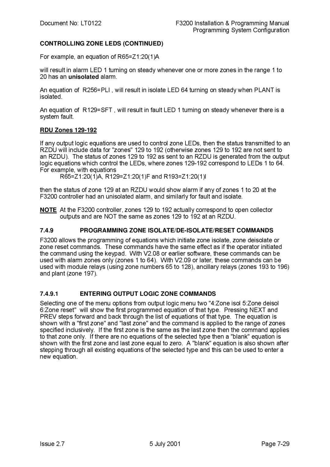 Tyco F3200 manual RDU Zones, Programming Zone ISOLATE/DE-ISOLATE/RESET Commands, Entering Output Logic Zone Commands 