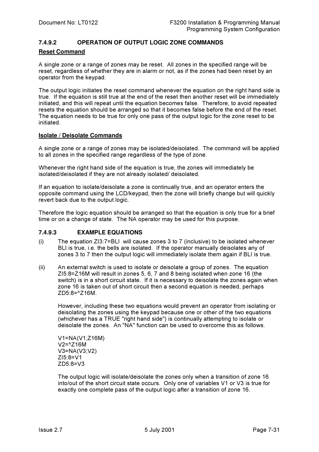 Tyco F3200 manual Operation of Output Logic Zone Commands Reset Command, Isolate / Deisolate Commands, Example Equations 