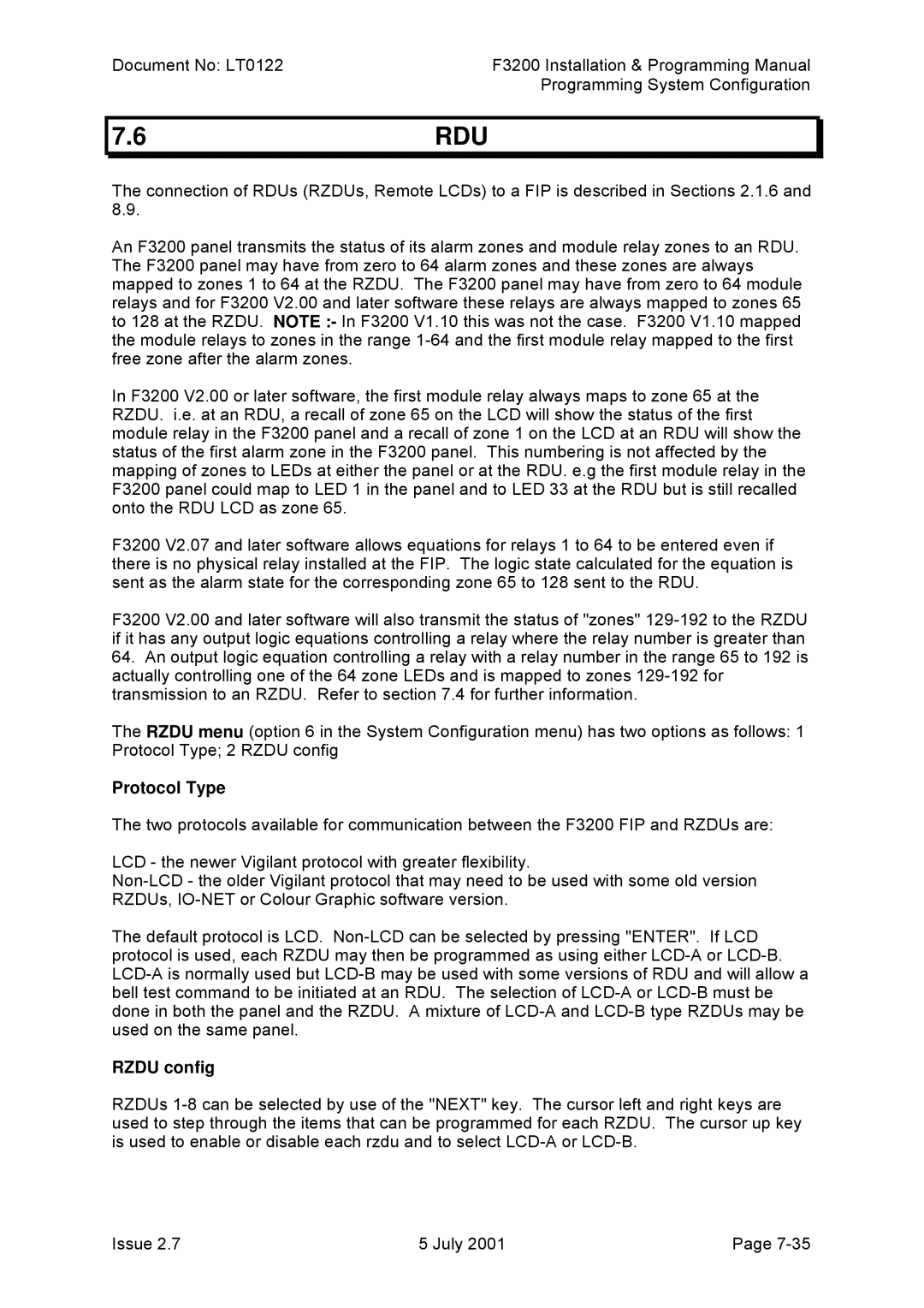 Tyco F3200 manual Protocol Type, Rzdu config 