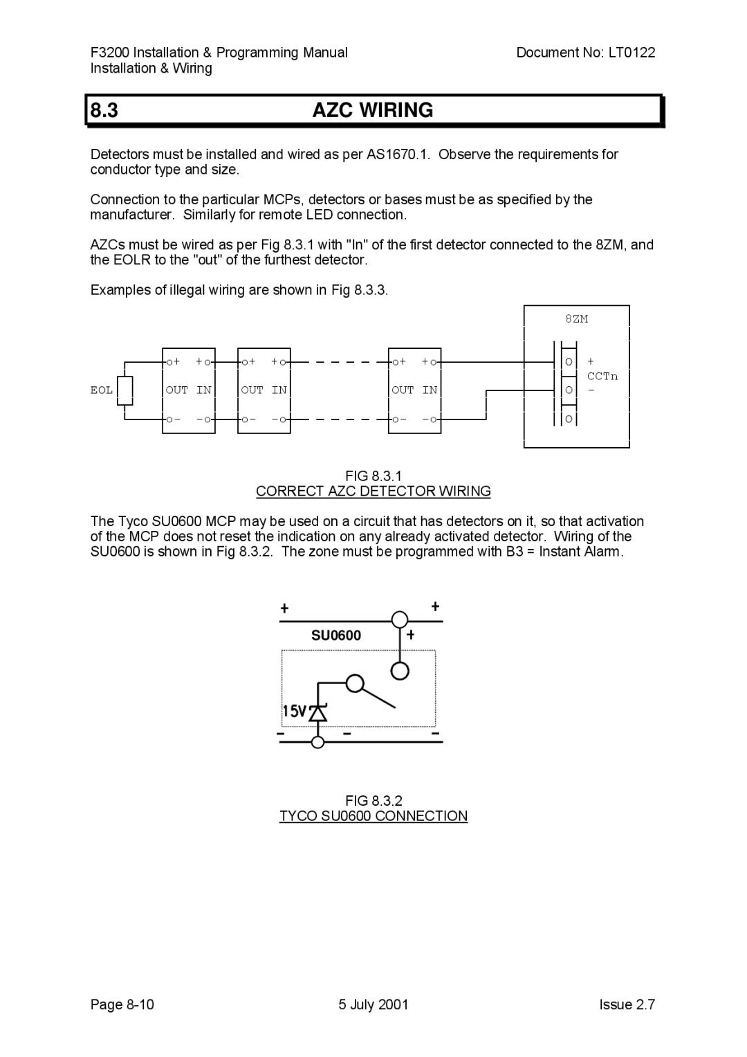 Tyco F3200 manual AZC Wiring, Correct AZC Detector Wiring, Tyco SU0600 Connection 