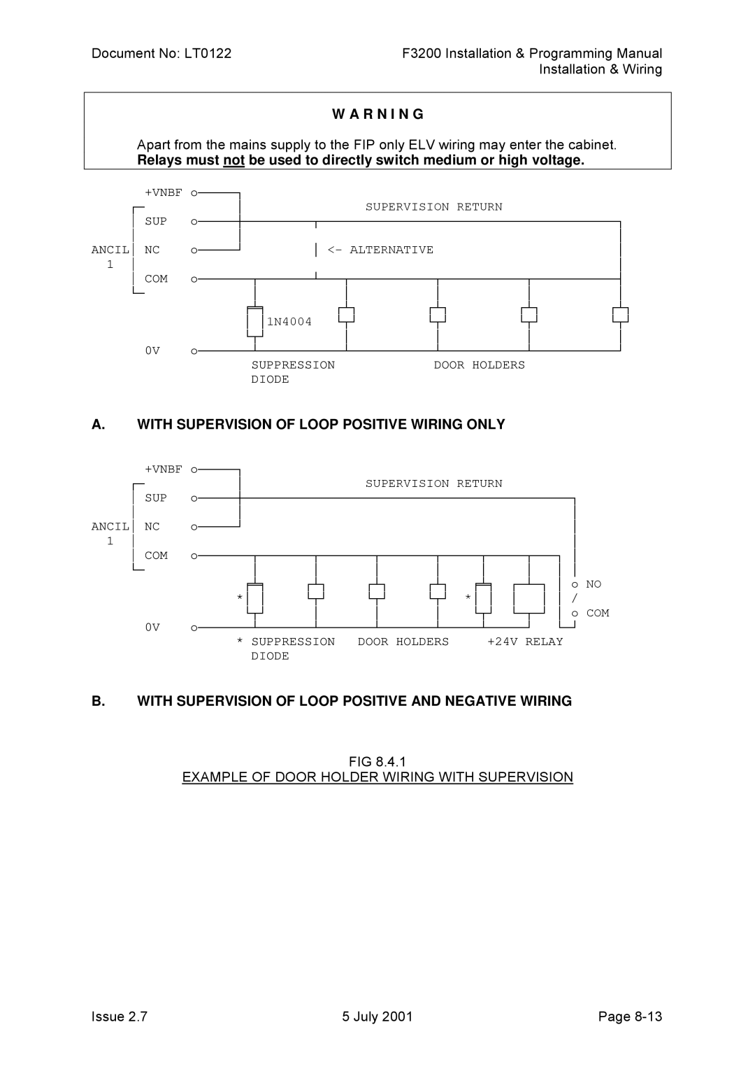 Tyco F3200 manual With Supervision of Loop Positive Wiring only, With Supervision of Loop Positive and Negative Wiring 