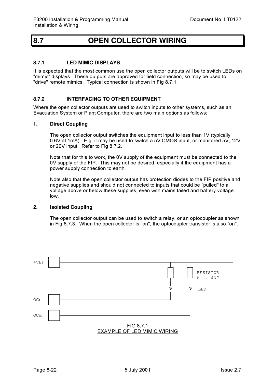 Tyco F3200 Open Collector Wiring, LED Mimic Displays, Interfacing to Other Equipment, Direct Coupling, Isolated Coupling 