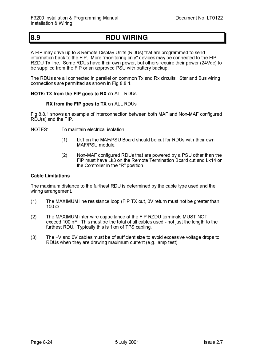 Tyco F3200 manual RDU Wiring, RX from the FIP goes to TX on ALL RDUs, Cable Limitations 
