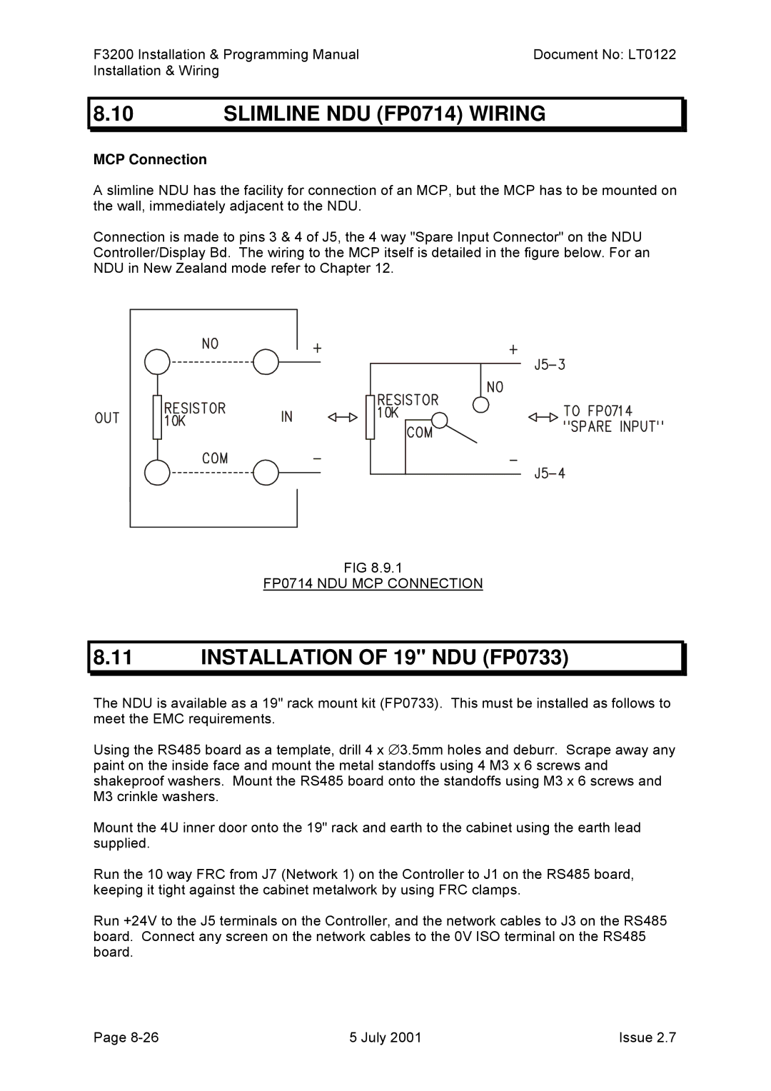 Tyco F3200 manual Slimline NDU FP0714 Wiring, Installation of 19 NDU FP0733, FP0714 NDU MCP Connection 