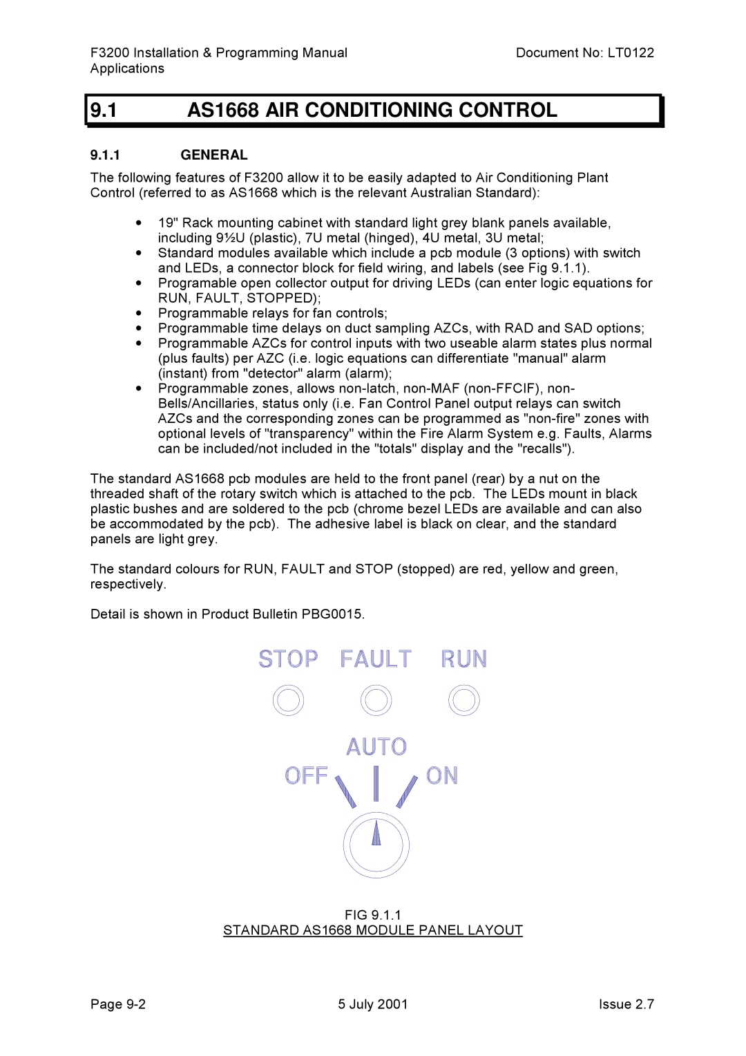 Tyco F3200 manual AS1668 AIR Conditioning Control, Standard AS1668 Module Panel Layout 