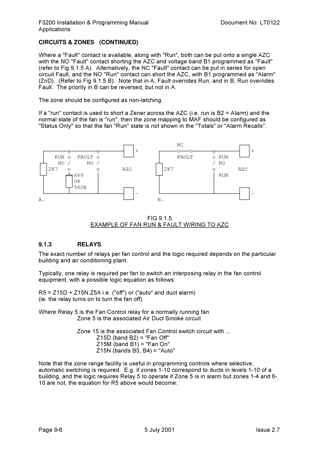 Tyco F3200 manual Example of FAN RUN & Fault Wiring to AZC, Relays 